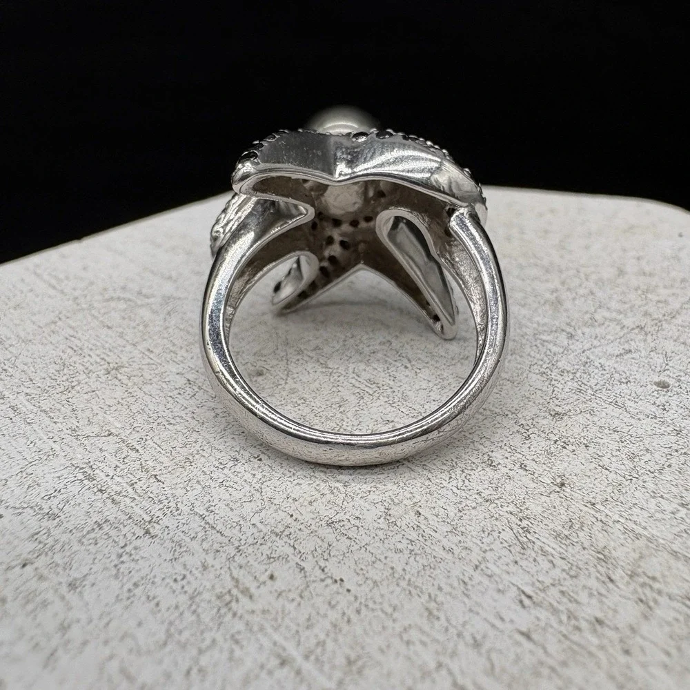 Ww Starfish Ring Women 7.5 Silver Excellent Black Spinel Pearl Statement 925